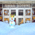 FedHock front door covered with snow. A King Snowman is in front.